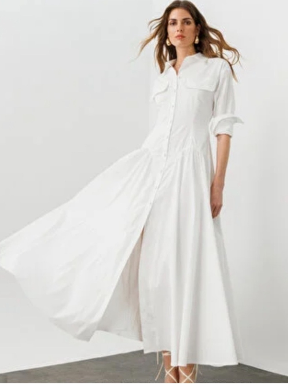 $189 Elegant White Maxi Shirt Dress with Unique Details XS NWT - sold out online